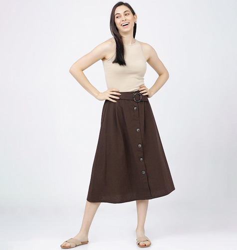 Women Brown Solid Cotton Casual-Fit A-Line Midi Skirt